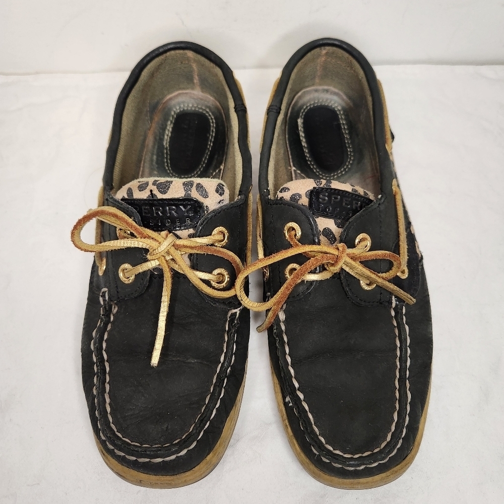 Black Leather Leopard Sperry Sliders